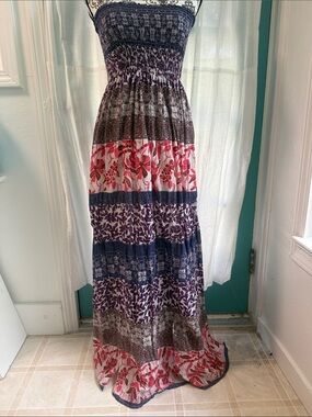 Strapless Floral Maxi Dress in Purple and Pink